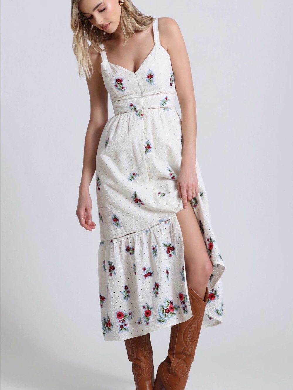 Avec Les Filles Floral Embroidered Eyelet Midi Dress
